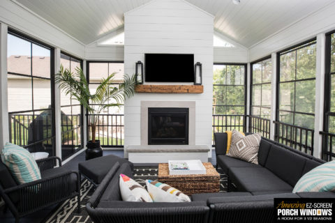 Amazing EZ-Screen Porch with Shiplap Fireplace