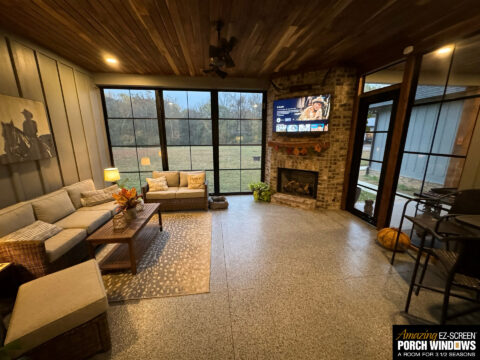 EZE Breeze Windows with Fireplace in Screen Porch Enclosure