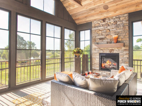 Impressive Screen Porch Windows Interior with Fireplace